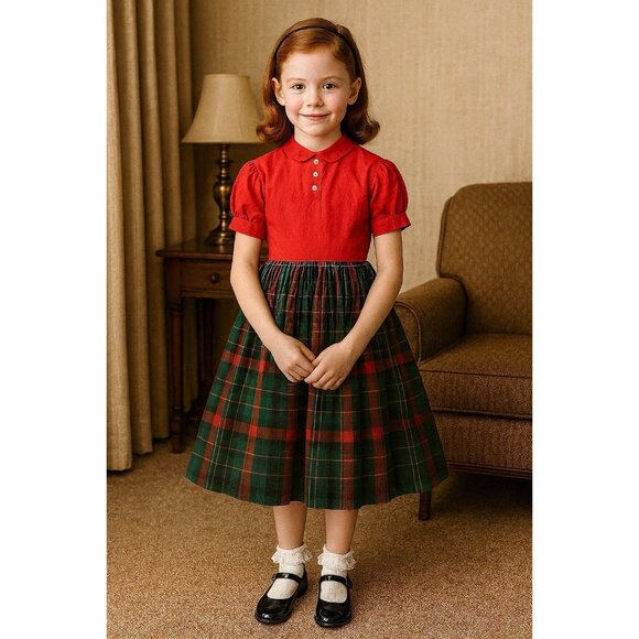 Vintage 1950s Little Star Girls Dress Sz 10 Red Green Plaid Peter Pan Collar - Picture 1 of 11